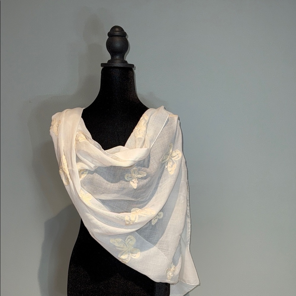 CJ Banks Classic Cream Scarf with embroidered butterflies - Picture 3 of 3